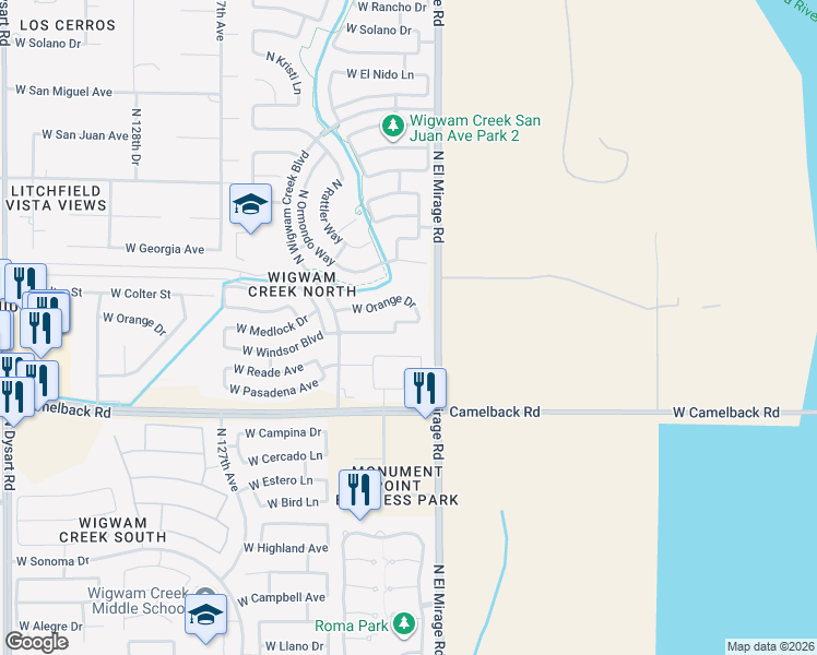 map of restaurants, bars, coffee shops, grocery stores, and more near 12323 West Medlock Drive in Litchfield Park