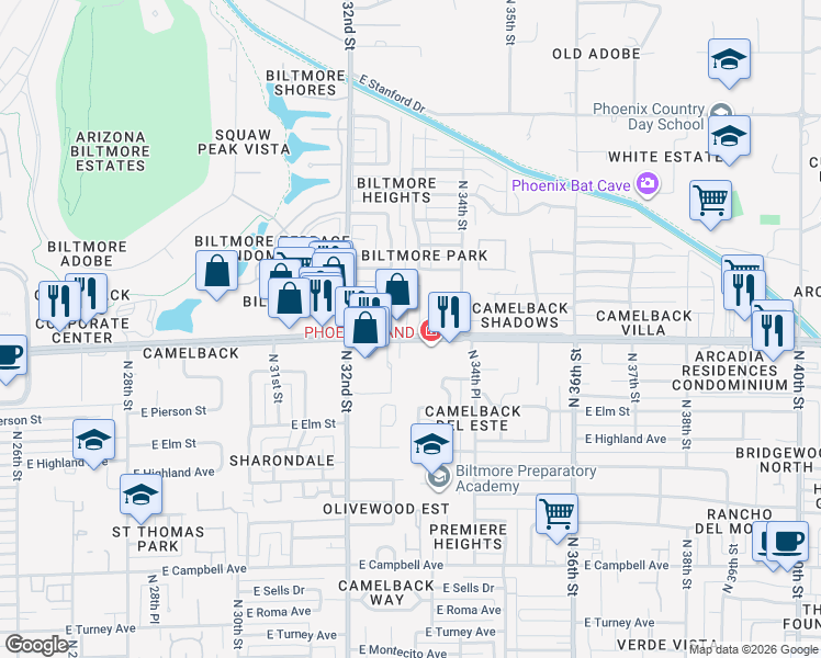 map of restaurants, bars, coffee shops, grocery stores, and more near 3234 East Camelback Road in Phoenix