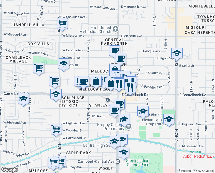 map of restaurants, bars, coffee shops, grocery stores, and more near 21 West Pasadena Avenue in Phoenix