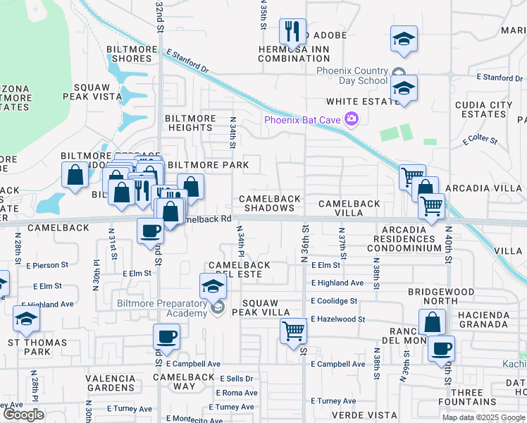 map of restaurants, bars, coffee shops, grocery stores, and more near 3444 East Camelback Road in Phoenix