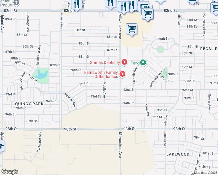 map of restaurants, bars, coffee shops, grocery stores, and more near 6520 92nd Street in Lubbock