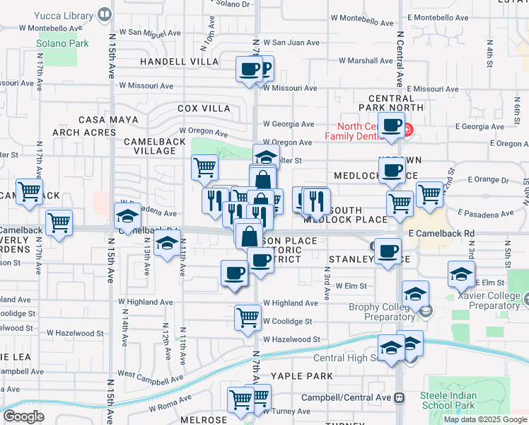 map of restaurants, bars, coffee shops, grocery stores, and more near 5025 North 7th Avenue in Phoenix