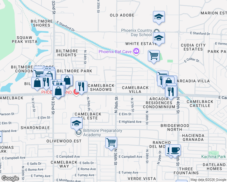 map of restaurants, bars, coffee shops, grocery stores, and more near 3532 East Camelback Road in Phoenix