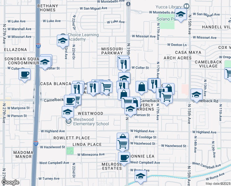map of restaurants, bars, coffee shops, grocery stores, and more near 1920 West Camelback Road in Phoenix
