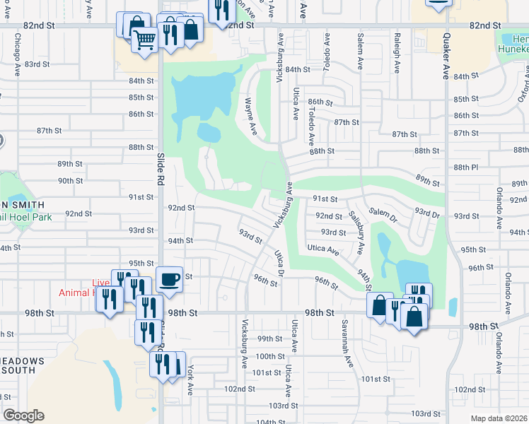 map of restaurants, bars, coffee shops, grocery stores, and more near 4910 92nd Street in Lubbock