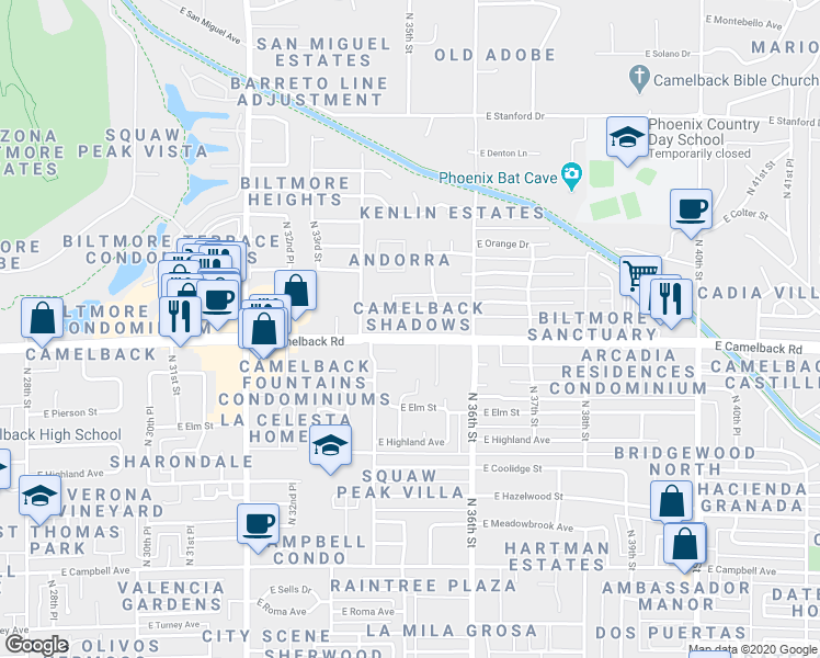 map of restaurants, bars, coffee shops, grocery stores, and more near 3501 East Camelback Road in Phoenix