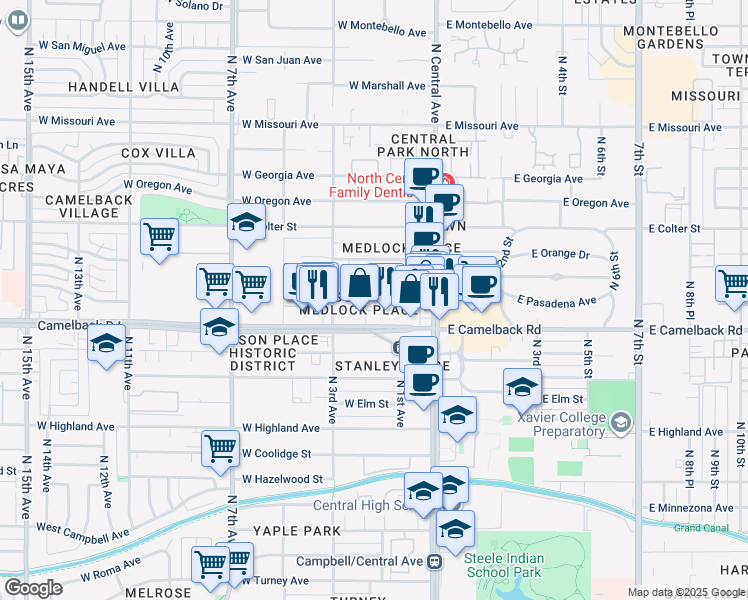 map of restaurants, bars, coffee shops, grocery stores, and more near 114 West Camelback Road in Phoenix