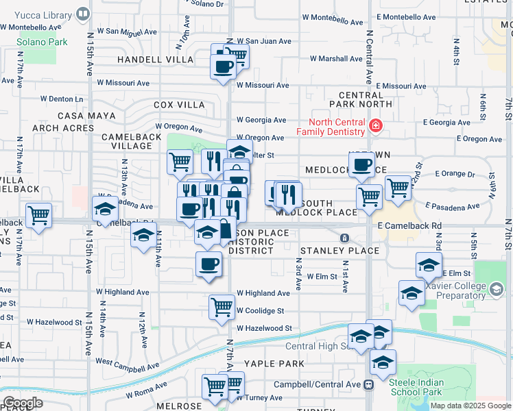 map of restaurants, bars, coffee shops, grocery stores, and more near 5025 North 7th Avenue in Phoenix