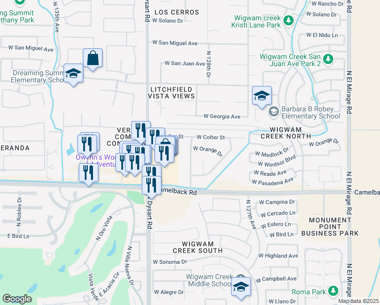 map of restaurants, bars, coffee shops, grocery stores, and more near 5117 North 129th Avenue in Litchfield Park