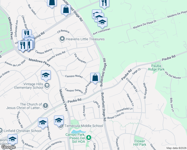 map of restaurants, bars, coffee shops, grocery stores, and more near 32346 Corte Parado in Temecula