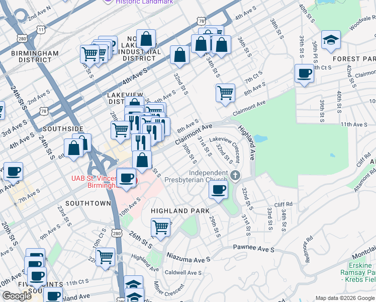 map of restaurants, bars, coffee shops, grocery stores, and more near 822 30th Street South in Birmingham