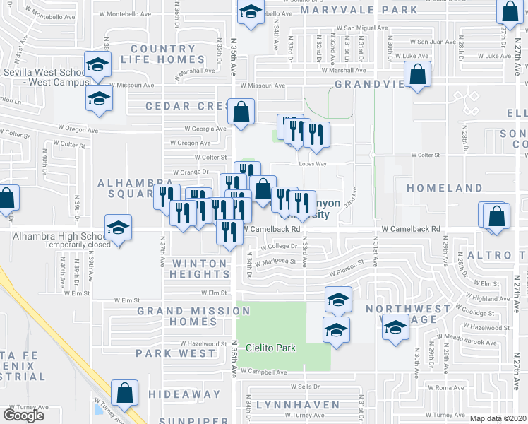 map of restaurants, bars, coffee shops, grocery stores, and more near 3446 West Camelback Road in Phoenix