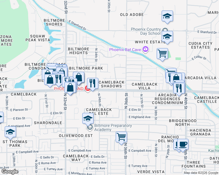 map of restaurants, bars, coffee shops, grocery stores, and more near 3444 East Camelback Road in Phoenix