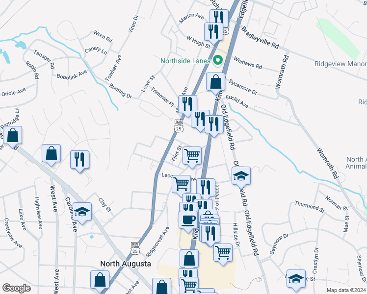 map of restaurants, bars, coffee shops, grocery stores, and more near 1538 Elizabeth Street in North Augusta