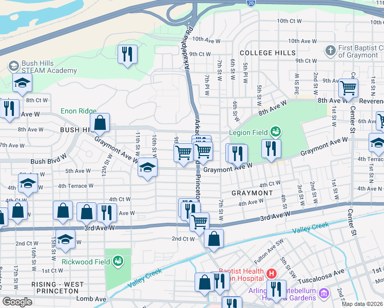 map of restaurants, bars, coffee shops, grocery stores, and more near 805 6th Avenue West in Birmingham