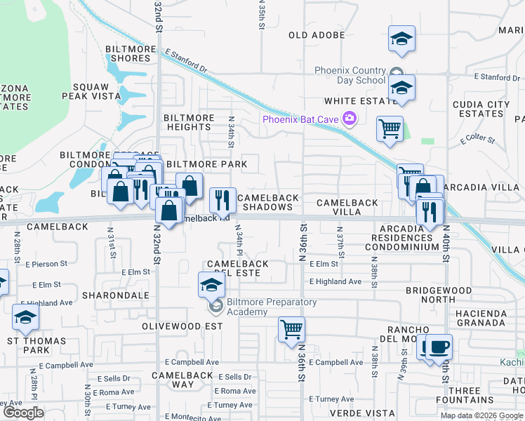 map of restaurants, bars, coffee shops, grocery stores, and more near 3444 East Camelback Road in Phoenix