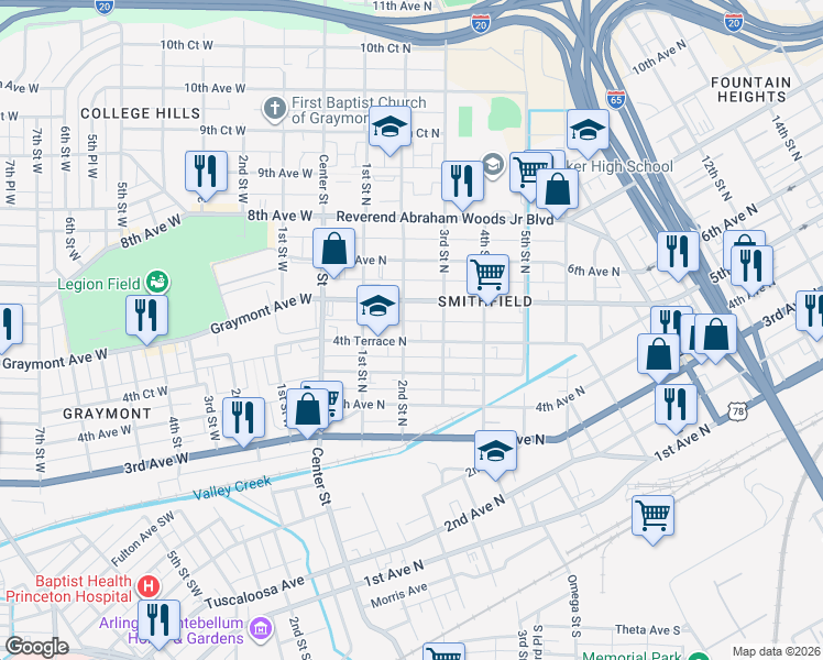 map of restaurants, bars, coffee shops, grocery stores, and more near 455 2nd Street North in Birmingham
