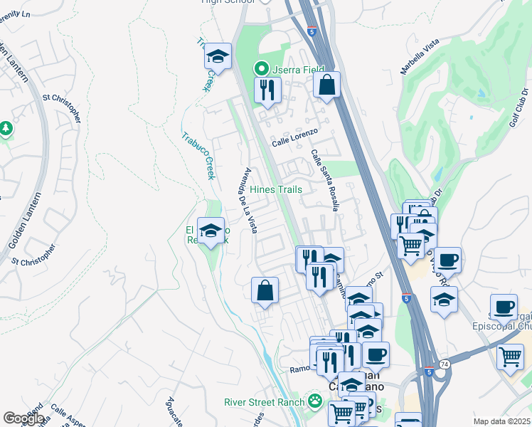 map of restaurants, bars, coffee shops, grocery stores, and more near 26468 Calle San Antonio in San Juan Capistrano