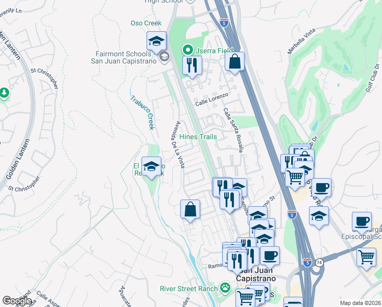 map of restaurants, bars, coffee shops, grocery stores, and more near 26468 Calle San Antonio in San Juan Capistrano
