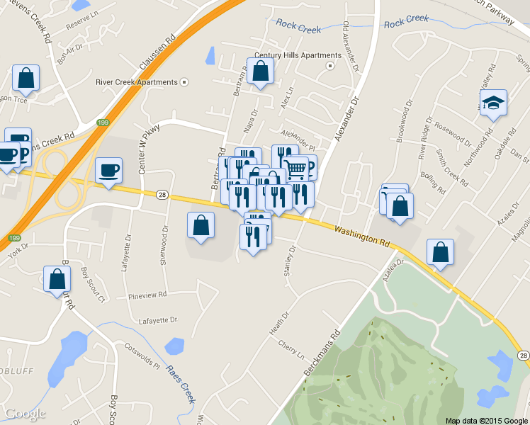 map of restaurants, bars, coffee shops, grocery stores, and more near 2816 Washington Road in Augusta