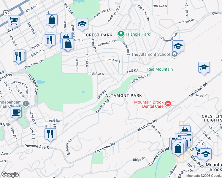 map of restaurants, bars, coffee shops, grocery stores, and more near 4149 Cliff Road in Birmingham