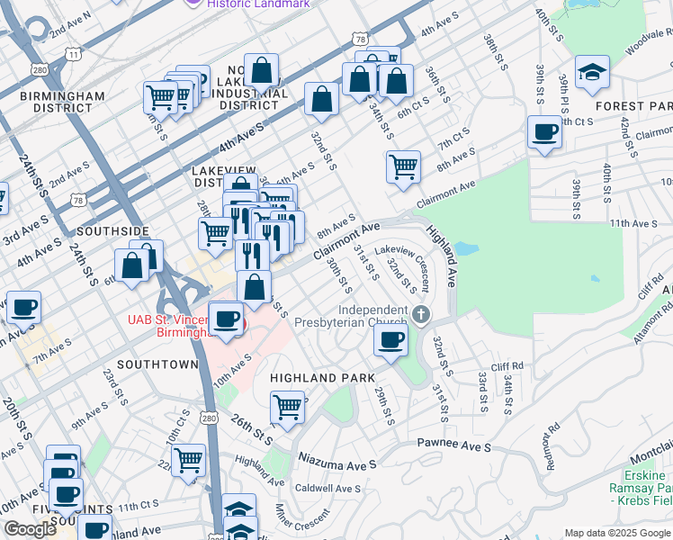 map of restaurants, bars, coffee shops, grocery stores, and more near 822 30th Street South in Birmingham
