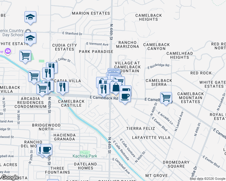 map of restaurants, bars, coffee shops, grocery stores, and more near 5050 N 44th St in Phoenix