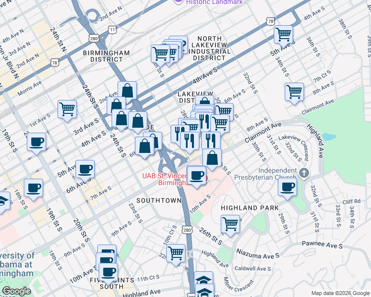 map of restaurants, bars, coffee shops, grocery stores, and more near 2701 7th Avenue South in Birmingham