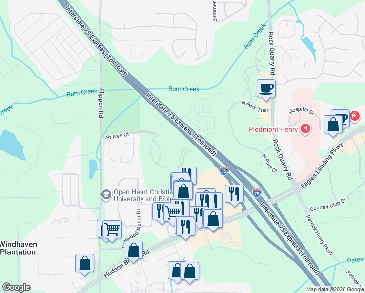 map of restaurants, bars, coffee shops, grocery stores, and more near 305 Saint Ives Crossing in Stockbridge