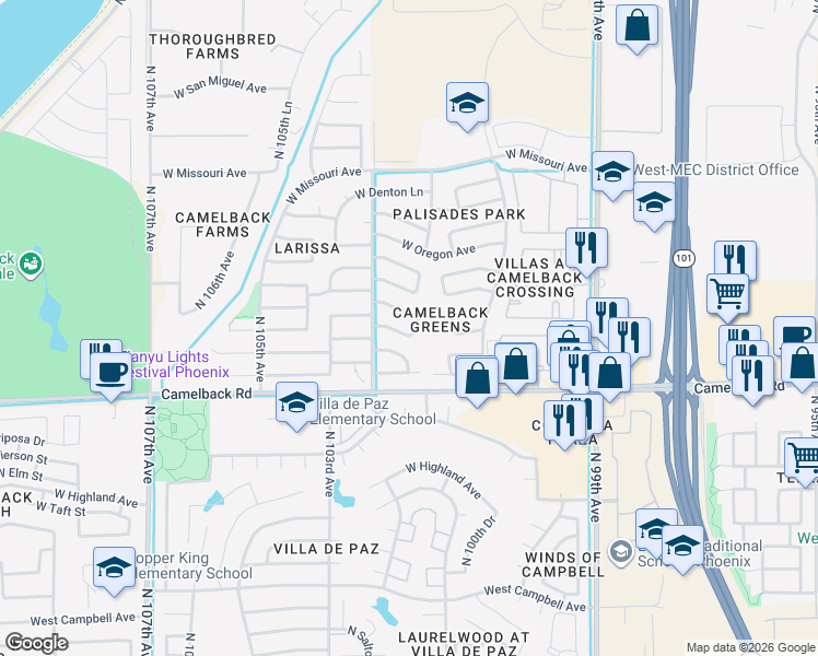 map of restaurants, bars, coffee shops, grocery stores, and more near 5205 North 102nd Drive in Glendale
