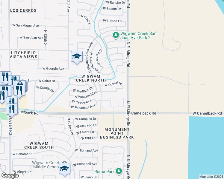 map of restaurants, bars, coffee shops, grocery stores, and more near 12401 West Windsor Boulevard in Litchfield Park