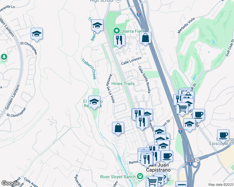 map of restaurants, bars, coffee shops, grocery stores, and more near 26468 Calle San Antonio in San Juan Capistrano