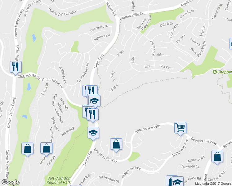 map of restaurants, bars, coffee shops, grocery stores, and more near 68 Siena in Laguna Niguel