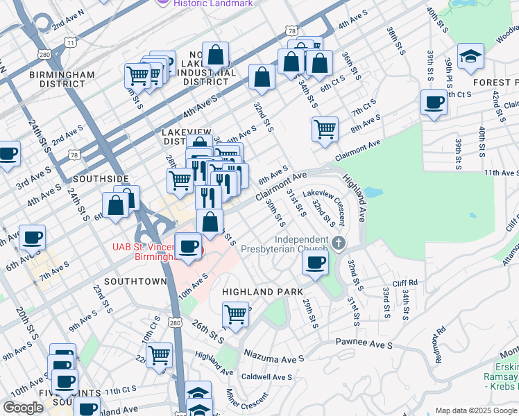 map of restaurants, bars, coffee shops, grocery stores, and more near 822 30th Street South in Birmingham