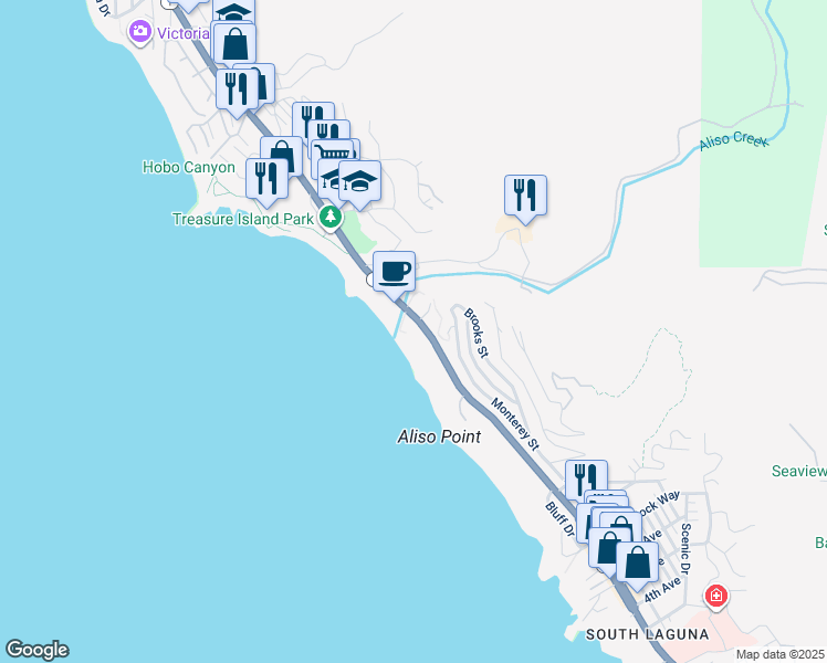map of restaurants, bars, coffee shops, grocery stores, and more near 31131 Coast Highway in Laguna Beach