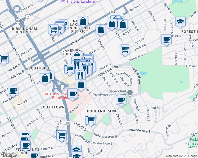 map of restaurants, bars, coffee shops, grocery stores, and more near 822 30th Street South in Birmingham