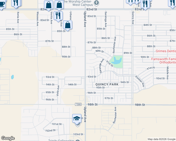 map of restaurants, bars, coffee shops, grocery stores, and more near 7302 93rd Street in Lubbock