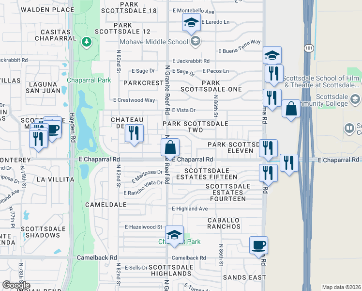 map of restaurants, bars, coffee shops, grocery stores, and more near 8458 East Chaparral Road in Scottsdale