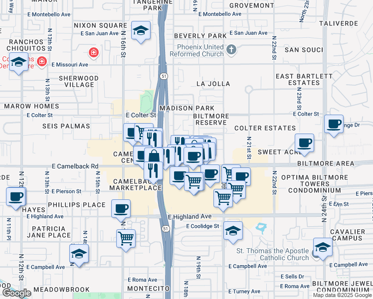 map of restaurants, bars, coffee shops, grocery stores, and more near 1812 East Camelback Road in Phoenix