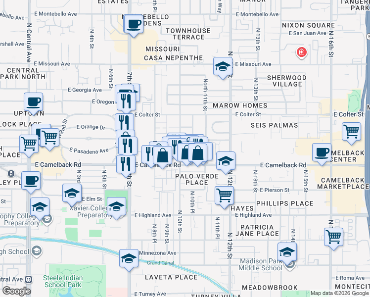 map of restaurants, bars, coffee shops, grocery stores, and more near 1001 East Pasadena Avenue in Phoenix