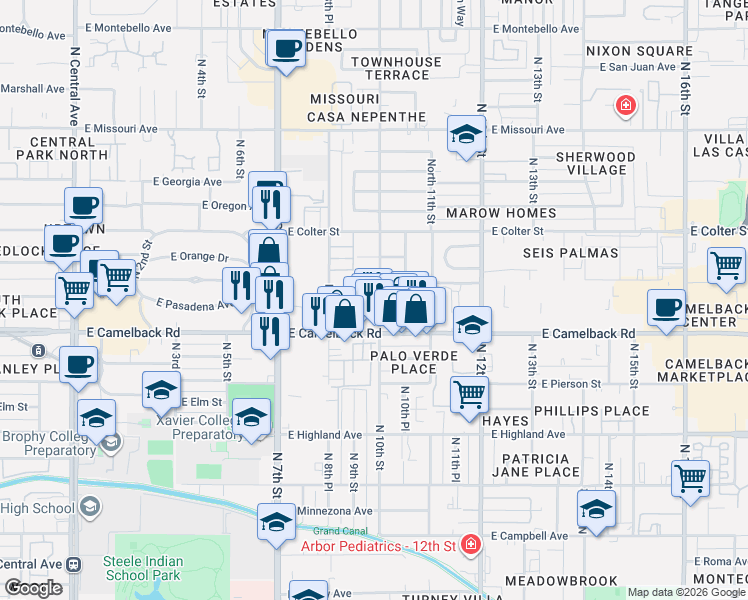 map of restaurants, bars, coffee shops, grocery stores, and more near 1001 East Pasadena Avenue in Phoenix