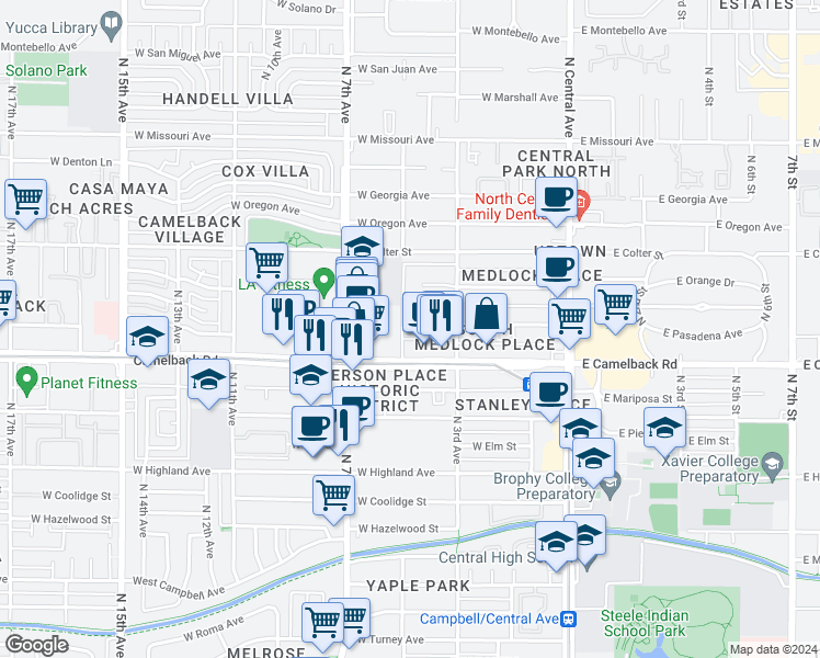map of restaurants, bars, coffee shops, grocery stores, and more near 444 West Camelback Road in Phoenix