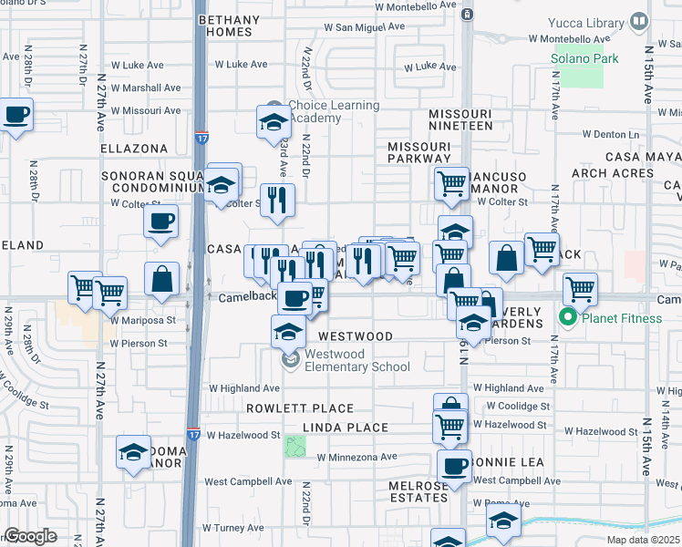 map of restaurants, bars, coffee shops, grocery stores, and more near 2132 West Camelback Road in Phoenix