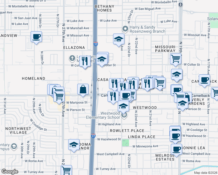 map of restaurants, bars, coffee shops, grocery stores, and more near 5011 South 24th Street in Phoenix