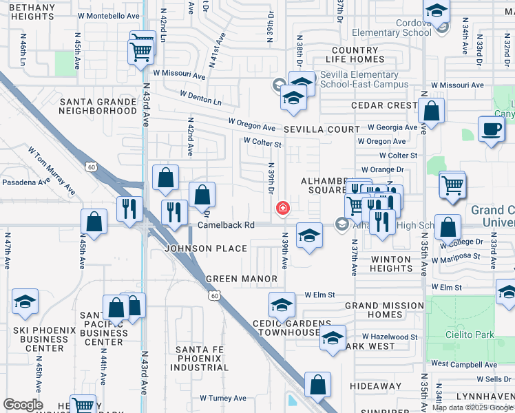 map of restaurants, bars, coffee shops, grocery stores, and more near 3940 West Palomino Road in Phoenix