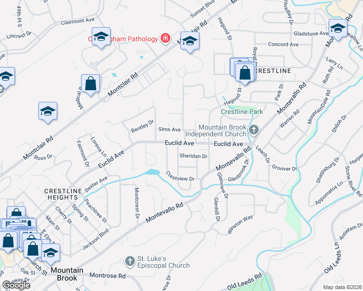 map of restaurants, bars, coffee shops, grocery stores, and more near 117 Crestwood Drive in Birmingham