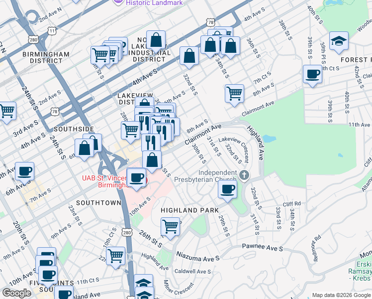 map of restaurants, bars, coffee shops, grocery stores, and more near 822 30th Street South in Birmingham