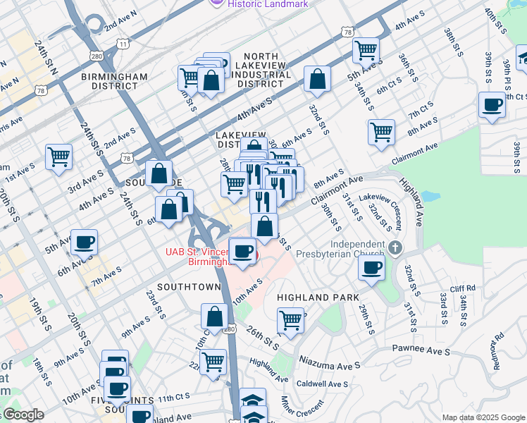 map of restaurants, bars, coffee shops, grocery stores, and more near in Birmingham