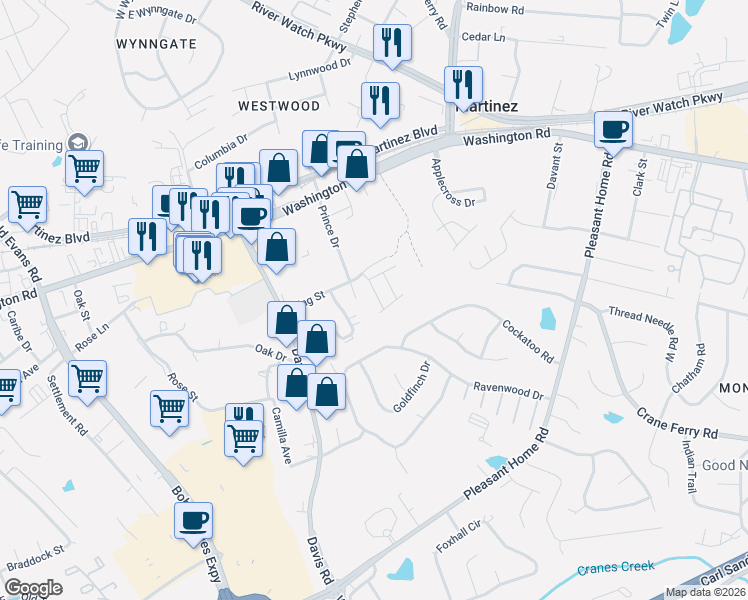 map of restaurants, bars, coffee shops, grocery stores, and more near 934 Cammaron Way in Martinez