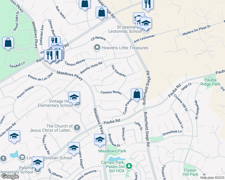 map of restaurants, bars, coffee shops, grocery stores, and more near 32152 Camino Nunez in Temecula